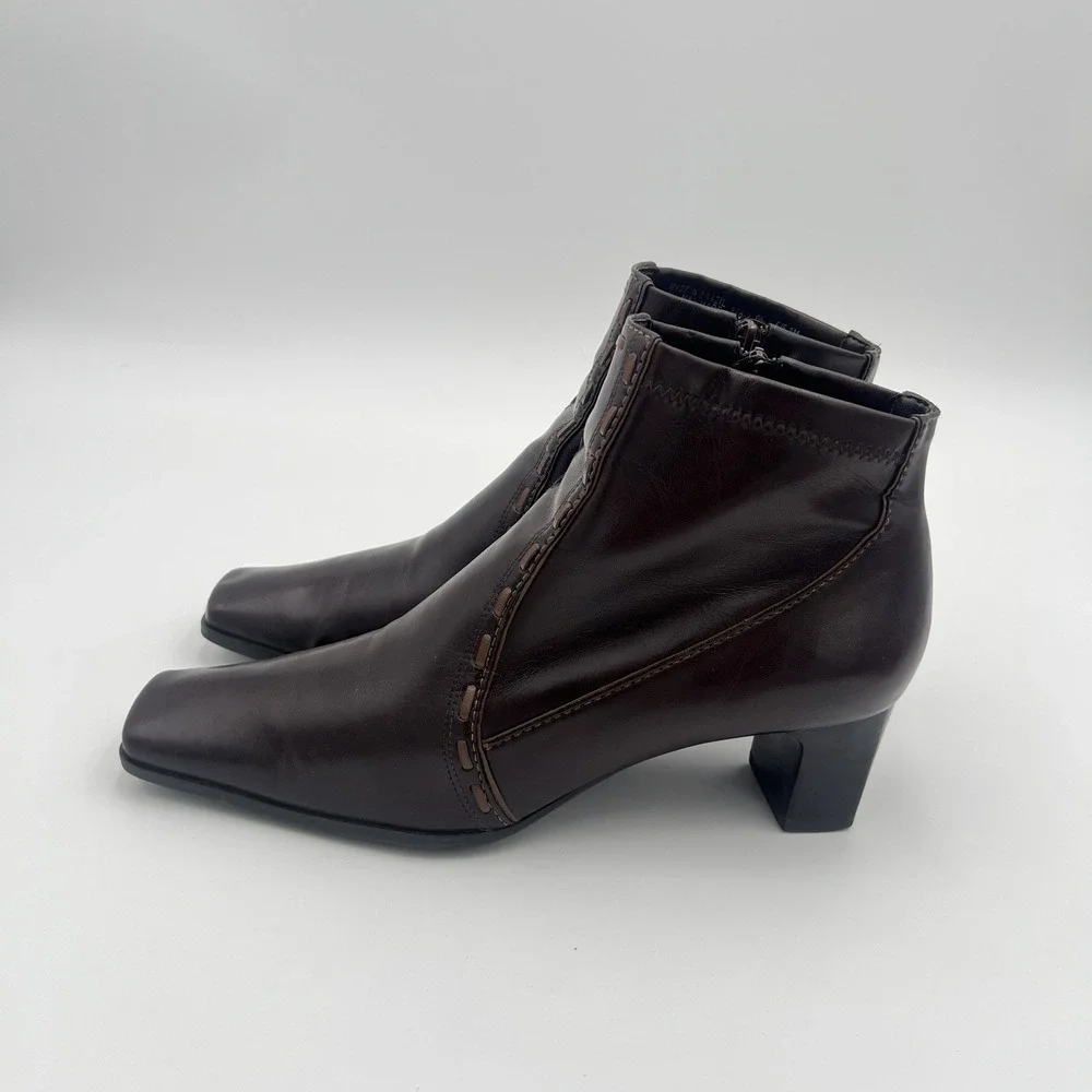 Franco Sarto Brown Leather Ankle Boots Block Heel Side Zip Women's 8M